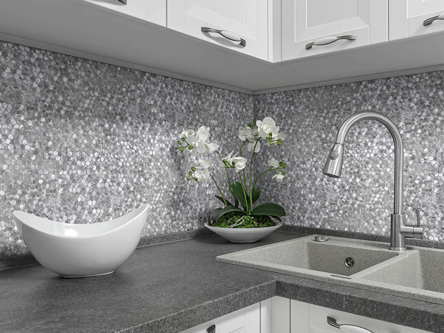 Medium Hexagon Silver Aluminum Mosaic  | Macar's Interiors