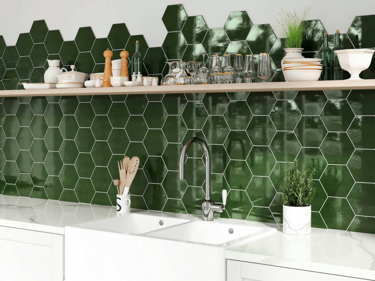 Ronda 5.5X6.3” Green Hexagon | Macar's Interiors