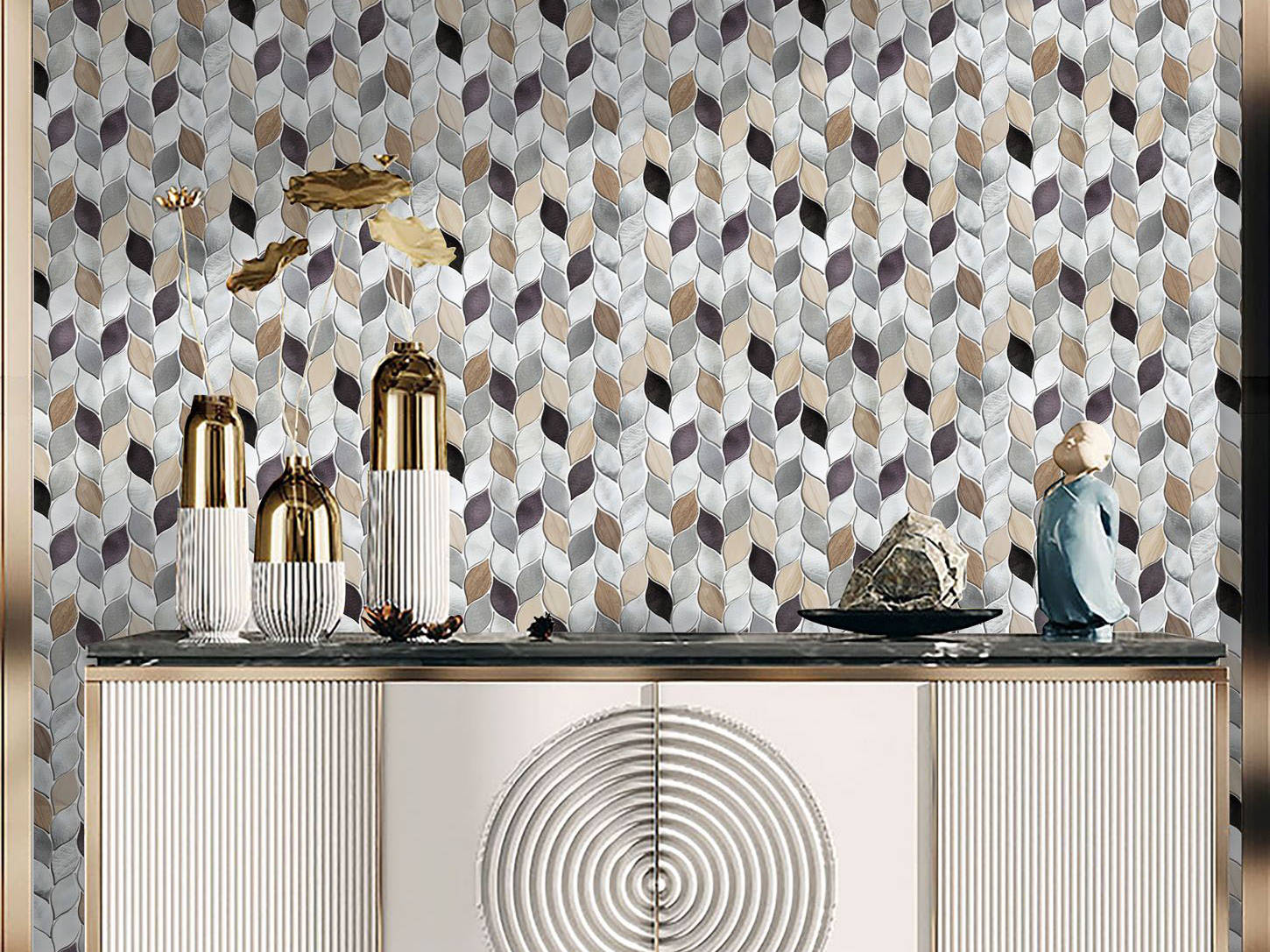 Aluminum & Marble Leaves Silver Grey Brown Mosaic 11 | Macar's Interiors