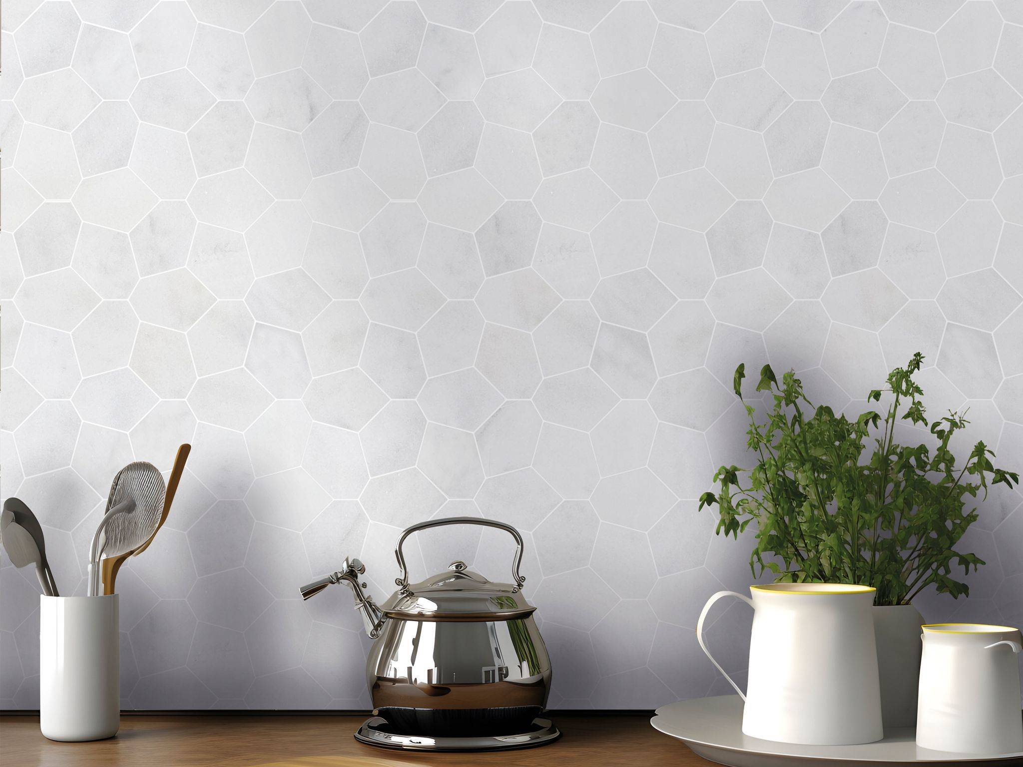 Irregular Hexagon White Grey Marble  | Macar's Interiors